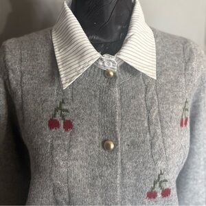 Gray Cherry Embroidered Cable Knit Cardigan Cottagecore Button Front Sweater